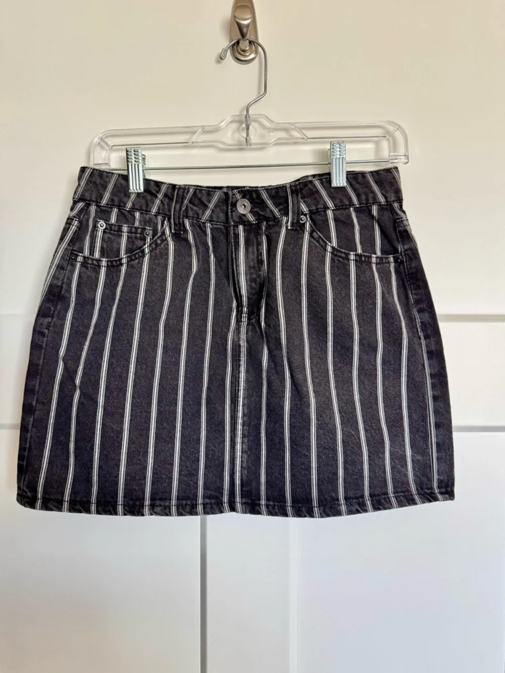 Vanilla Star Black White Striped Denim Mini Skirt Size 7 Waist 28 Y2K 90s Punk
